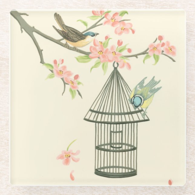 Small Birds Perched on a Branch and on a Birdcage Glass Coaster (Front)