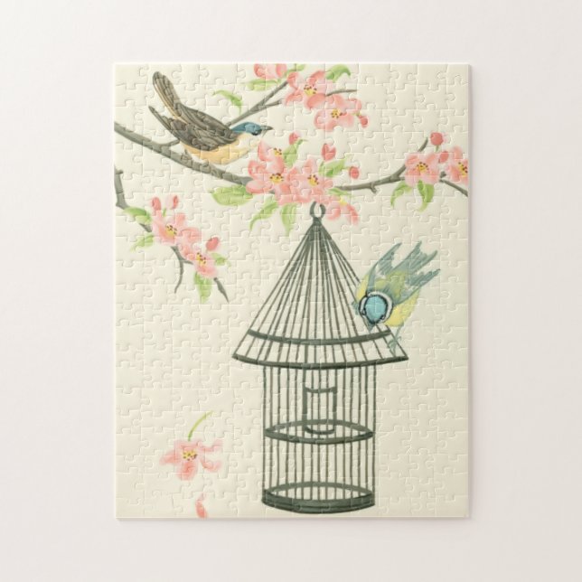 Small Birds Perched on a Branch and on a Birdcage Jigsaw Puzzle (Vertical)