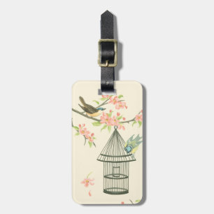 Small Birds Perched on a Branch and on a Birdcage Luggage Tag