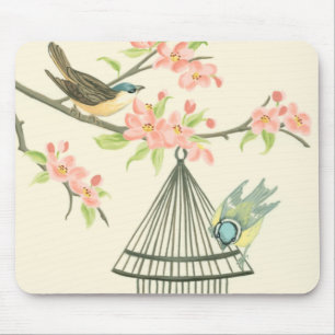 Small Birds Perched on a Branch and on a Birdcage Mouse Pad