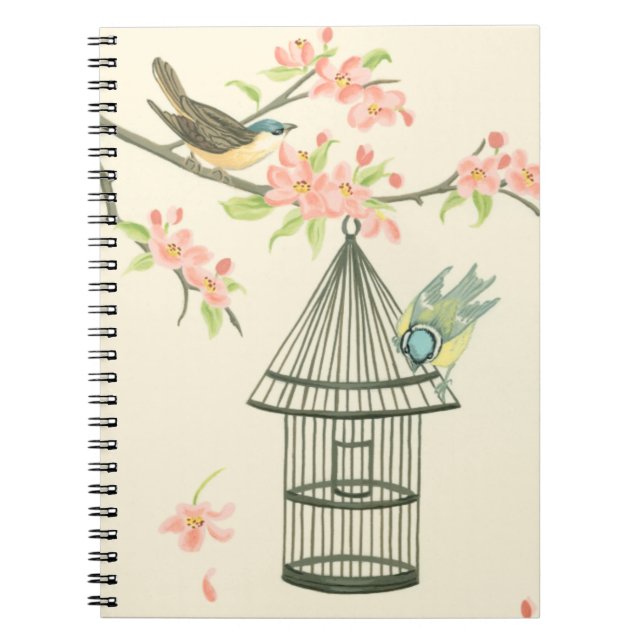 Small Birds Perched on a Branch and on a Birdcage Notebook (Front)