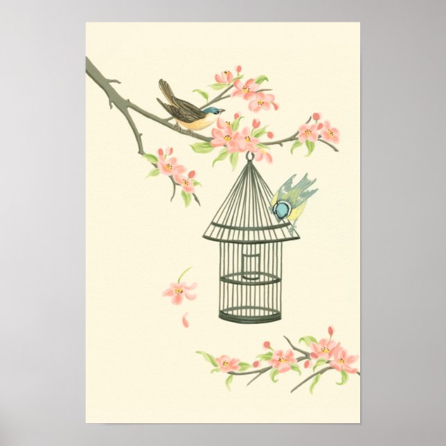 Small Birds Perched on a Branch and on a Birdcage Poster (Front)