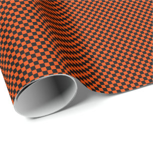 Small Black and Bright Orange Checks Wrapping Paper