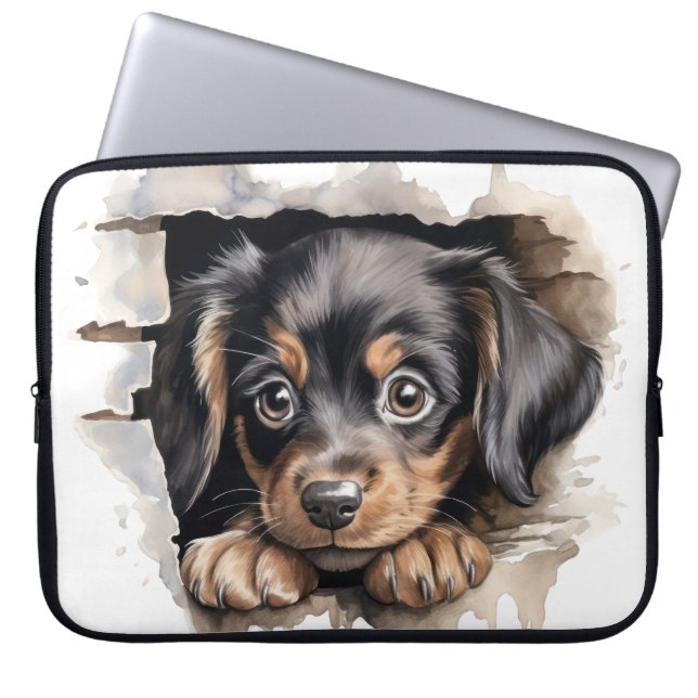 SMALL BLACK AND TAN PUPPY DOG PEEKING OVER FENCE LAPTOP SLEEVE (Front)