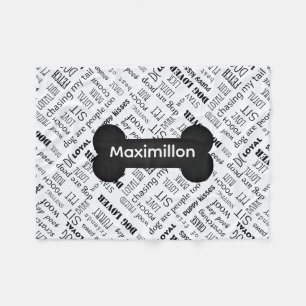 SMALL Black Bone with Name on White Fleece Blanket