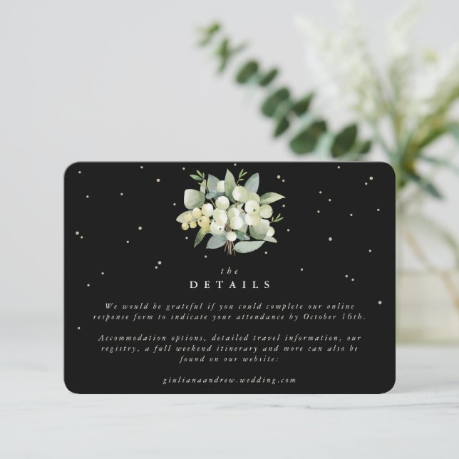 Small Black Snowberry+Eucalyptus Wedding Details Enclosure Card (Standing Front)