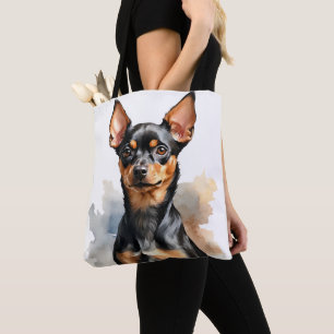 SMALL BLACK & TAN MINIATURE PINSCHER PUPPY DOG TOTE BAG