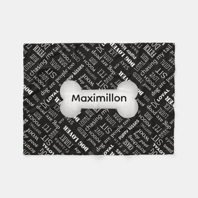 SMALL Black with White Dog Bone and Name Fleece Blanket (Front (Horizontal))