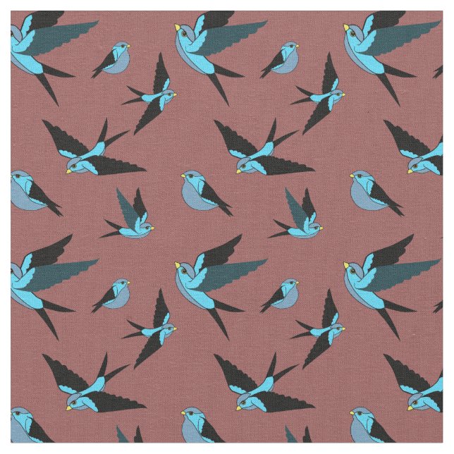 Small blue bird flying, sitting, Folk art print Fabric (Close Up)