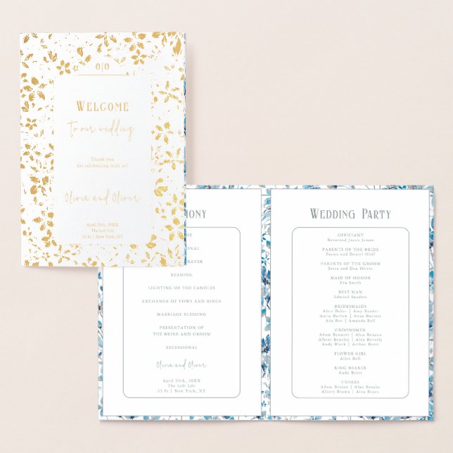 Small Blue Flowers Foil Wedding Program Card (Display)