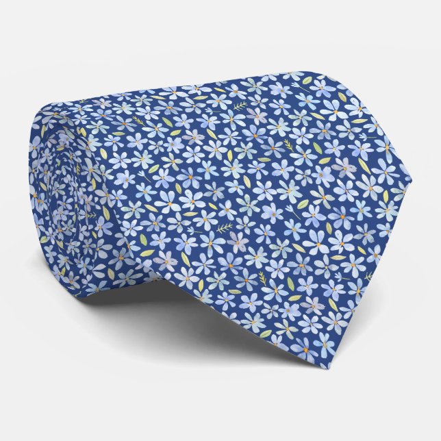 Small blue flowers on blue neck tie (Rolled)