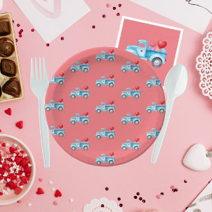 Small Blue Truck Valentine's Day Party Paper Plate