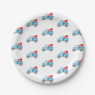 Small Blue Truck Valentine's Day Party Paper Plate