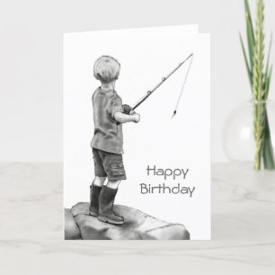 Small Boy Fishing: Original Pencil Drawing Card