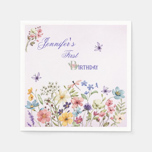 Small Bright Wildflowers Watercolor Birthday Napkin (Front)