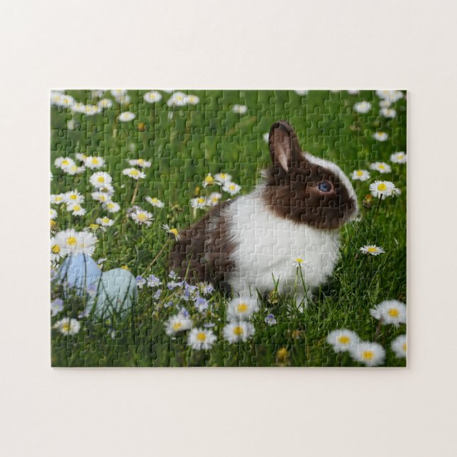 Small Brown and White Bunny in Flowers Jigsaw Puzzle (Horizontal)