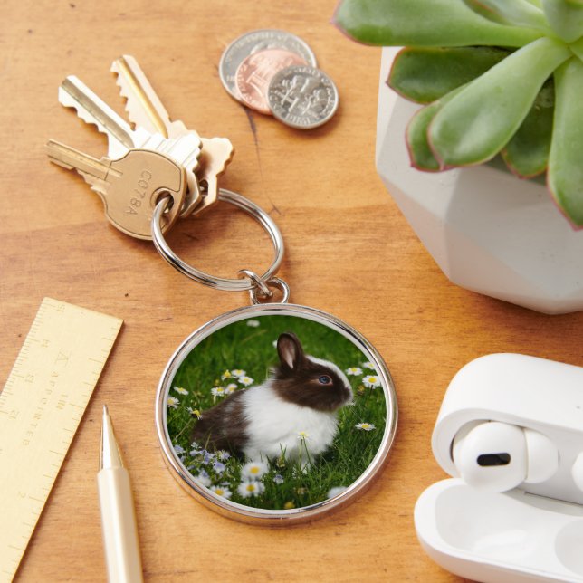 Small Brown and White Bunny in Flowers Key Ring (Desk)