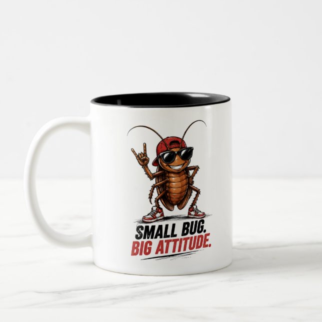 Small Bug. Big Attitude. | Funny Cartoon Cockroach Two-Tone Coffee Mug (Left)