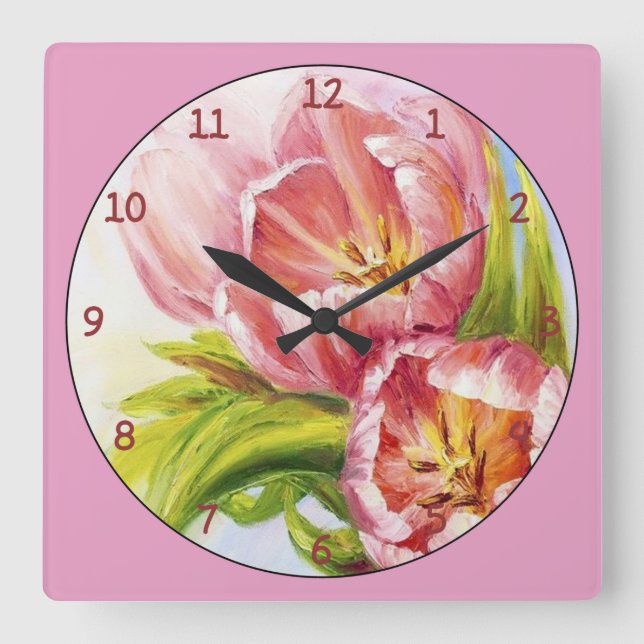 Small Bundle of Pink and White Tulips Square Wall Clock (Front)