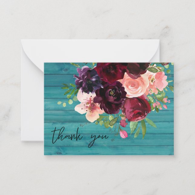Small Burgundy & Pink Floral Blue Wood Thank You Card (Front)