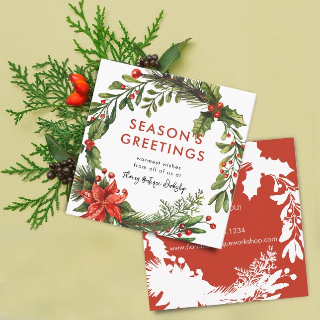 Small Business Christmas Festive Wreath Info Square Business Card (Small Business Christmas Festive Wreath Info Square Business Card)