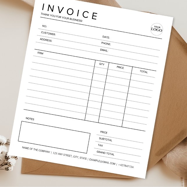 Small Business Custom Invoice Minimalist Receipt Notepad (Custom Invoice Small Business Minimalist Receipt Professional Black & White with Logo)
