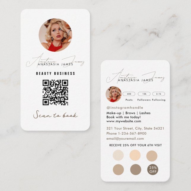 Small Business Discount Loyalty QR Code Boho Beige Business Card (Front/Back)