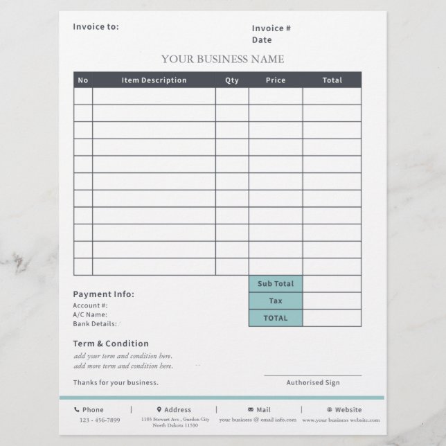 Small Business Invoice   Custom Letterhead (Front)