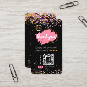 Small Business QR Code Logo ThankYou Glitter Black Business Card
