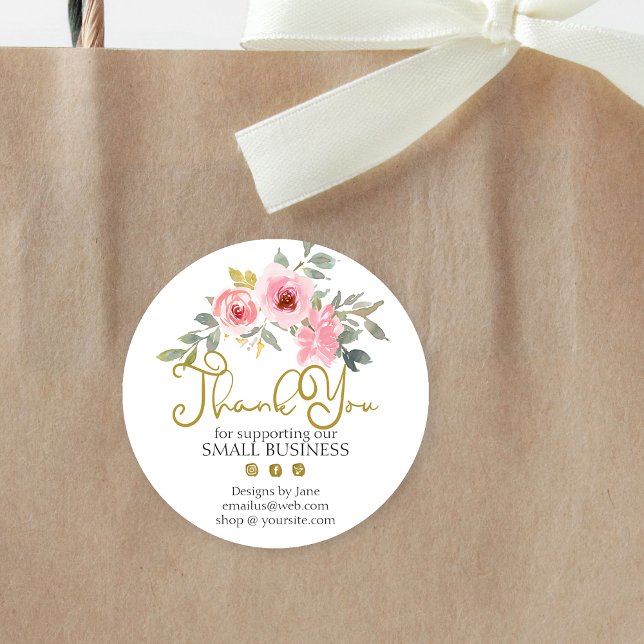 Small Business Thank You Logo Blush Pink Floral Classic Round Sticker (Creator Uploaded)