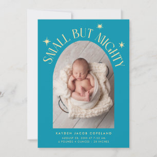 Small But Mighty Stars Aqua Blue Photo Birth  Announcement