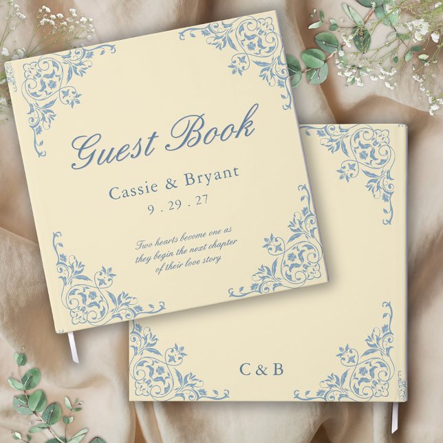 Small Butter Yellow Coastal Wedding Guest Book (butter yellow wedding guest book with vintage decorative border in dusty blue with  unique message)