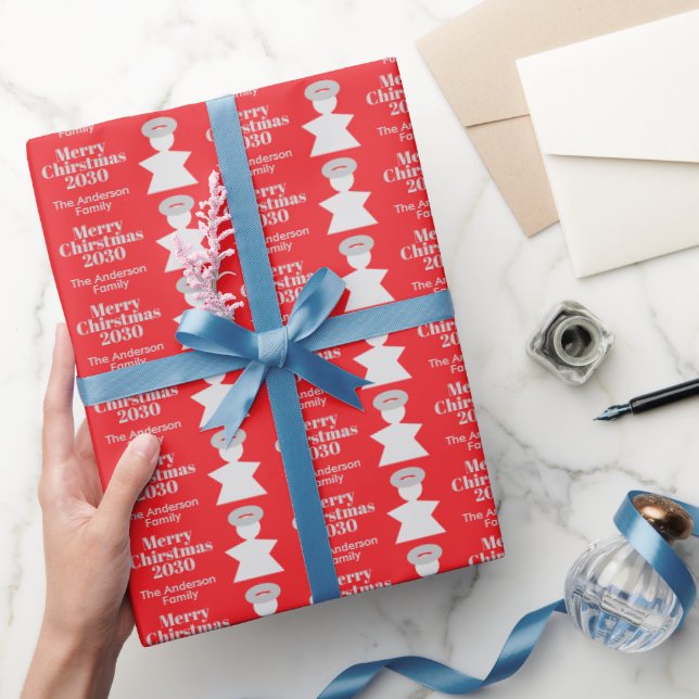 Small Carmine Red Angel Merry Christmas Elegant  Wrapping Paper (Gifting)