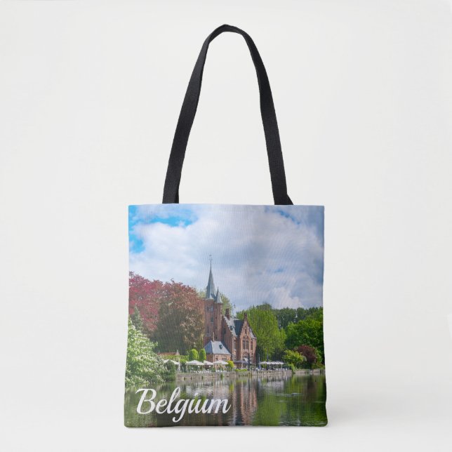 Small castle near lake in Bruges, Belgium Tote Bag (Front)