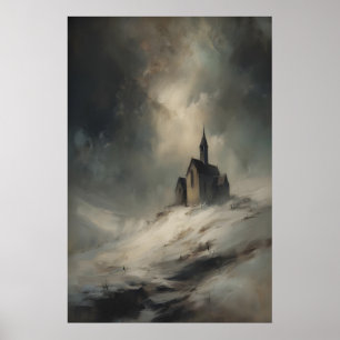 Small Chapel On Snowy Hill, Gothic Rustic Church Poster