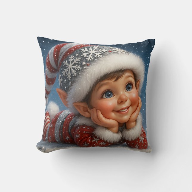 Small Christmas Elf in Glitzer Snow Cushion (Front)