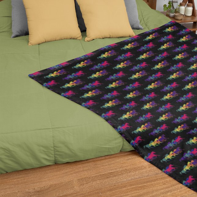 Small Colour Horses Running Black Fleece Blanket (Creator Uploaded)