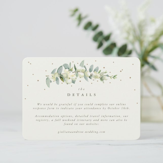 Small Cream Snowberry+Eucalyptus Wedding Details Enclosure Card (Standing Front)