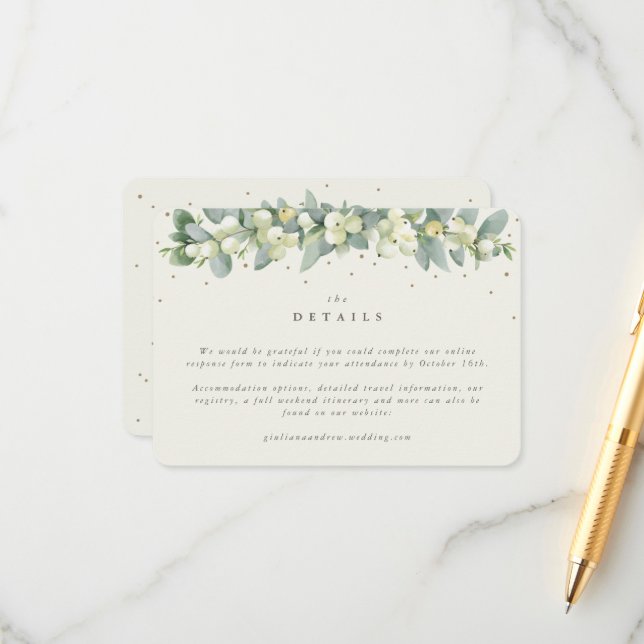 Small Cream Snowberry+Eucalyptus Wedding Details Enclosure Card (Front/Back In Situ)
