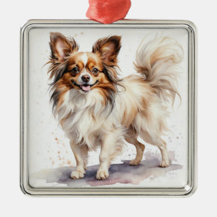 SMALL CUTE FLUFFY PAPILLON PUPPY DOG METAL ORNAMENT