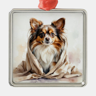 SMALL CUTE FLUFFY PAPILLON PUPPY DOG METAL ORNAMENT