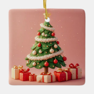 Small Decorated Christmas Tree With Presents Ceramic Ornament