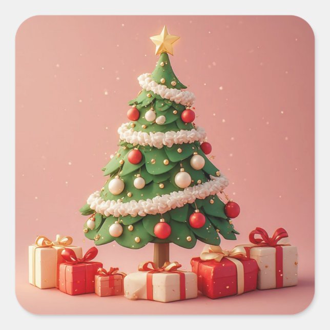 Small Decorated Christmas Tree With Presents Square Sticker (Front)