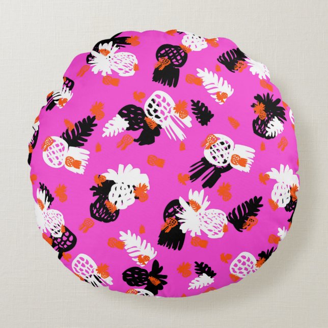Small ditsy pattern with tropical motifs, hand dra round cushion (Front)