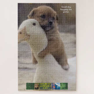 Small dog puzzle, hugging the goose. jigsaw puzzle