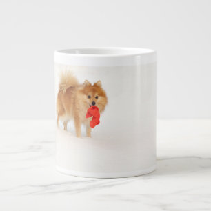 Small dog with Santa’s hat and white snow Large Coffee Mug