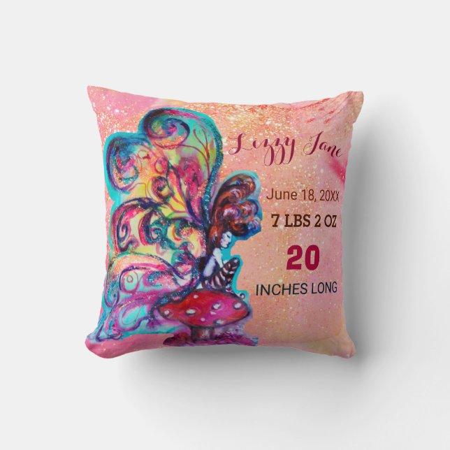 SMALL ELF MUSHROOMS BABY SHOWER Baby Birth Stats Cushion (Front)