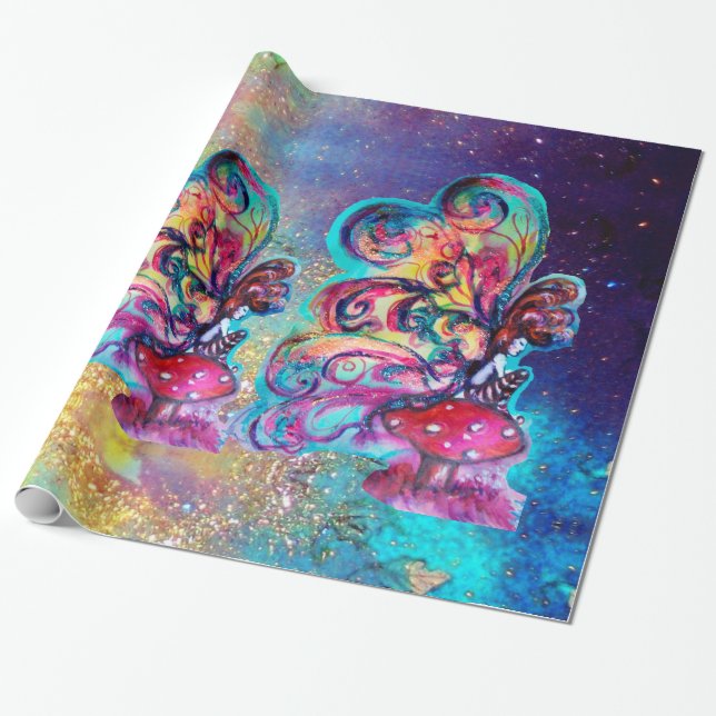 Small Elf of Mushrooms -MAGIC BUTTERFLY PLANT Wrapping Paper (Unrolled)