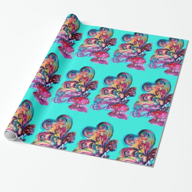 Small Elf of Mushrooms -MAGIC BUTTERFLY PLANT Wrapping Paper (Unrolled)