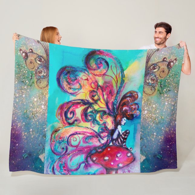 SMALL ELF OF MUSHROOMS Pink Blue Fantasy Fleece Blanket (In Situ)